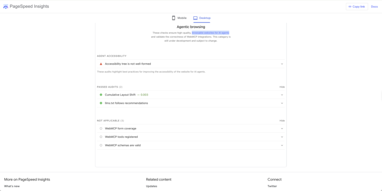 PageSpeed Insights Agentic Browsing report for psharish.com showing one failed check, accessibility tree is not well-formed, alongside two passed checks and three not-applicable WebMCP audits.