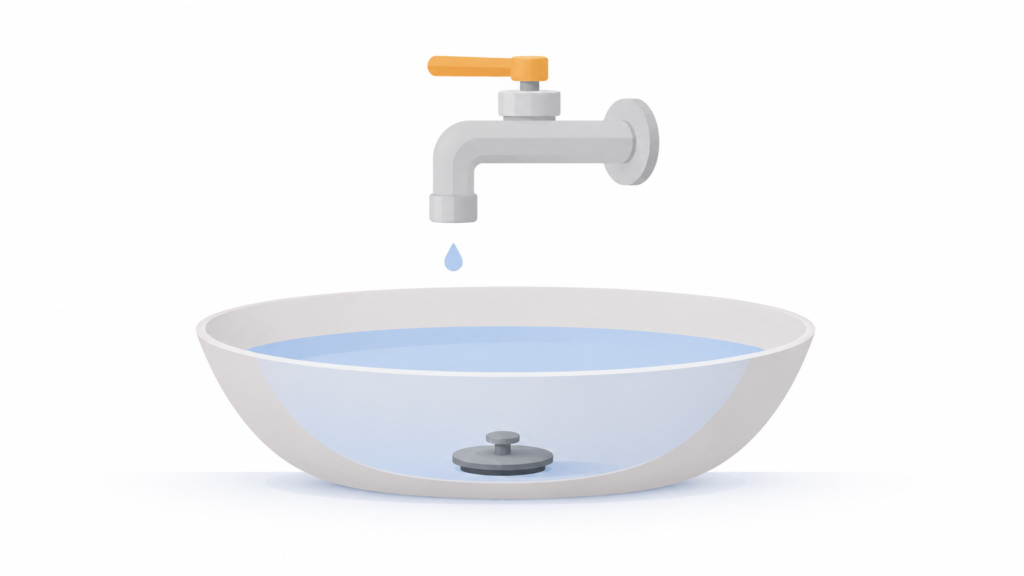A tap being turned off above a basin, before the basin is drained
