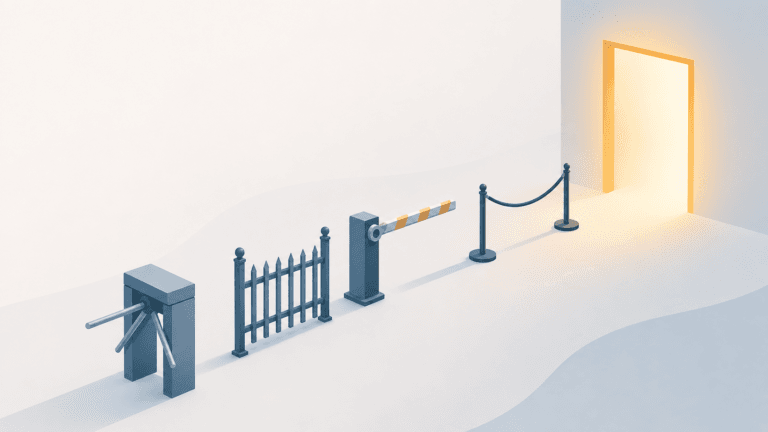 A single doorway blocked by four separate small gates stacked one behind the other, each individually simple
