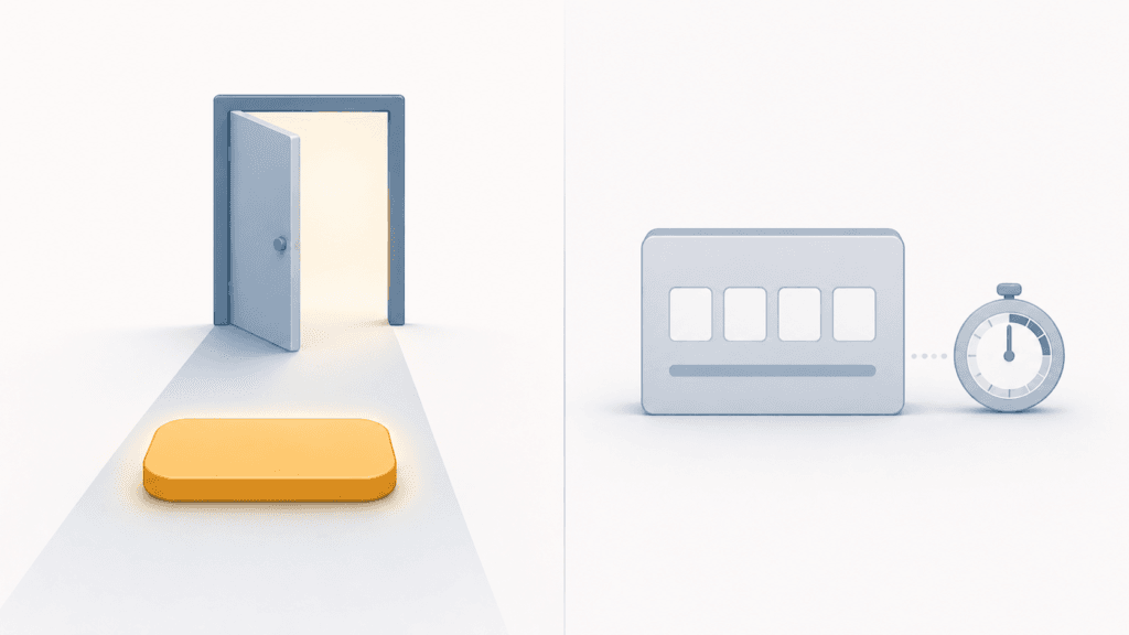 One single smooth button on the left leading straight through a doorway, versus a small code-entry box with a countdown timer on the right